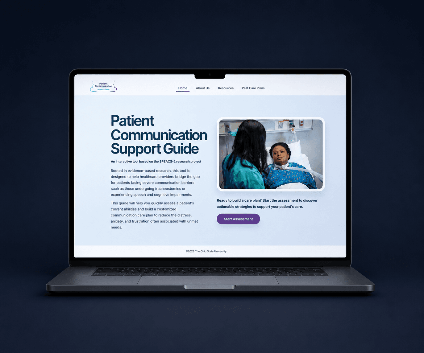 Speacs patient communication support guide shown on a laptop